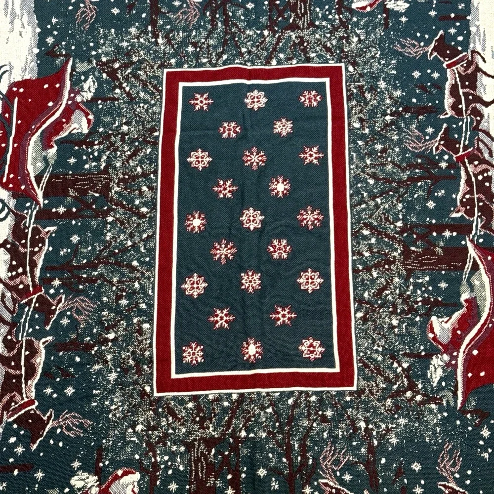 Vintage Christmas Tapestry Throw Blanket Santa Goodwin Weavers 100% Cotton USA